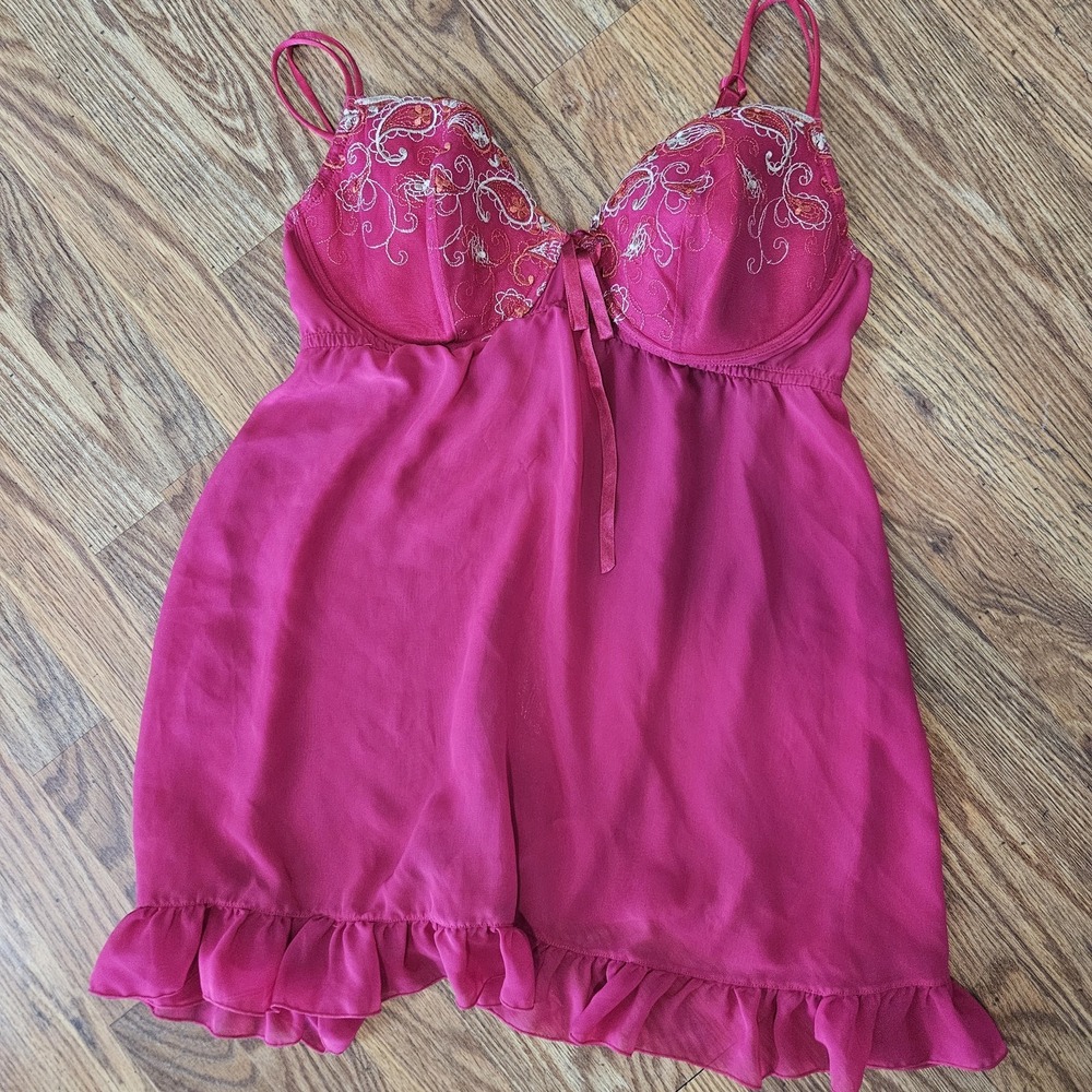 Cacique Lingerie Babydoll Top Floral Embroidered Hot Pink 18/20 Sheer Fairy Sexy